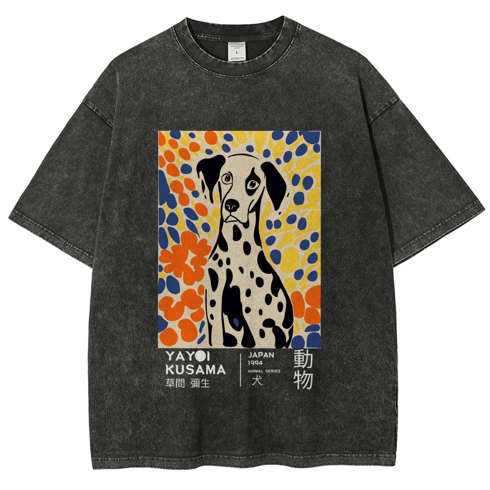 Unisex Yayoi Kusama Dog Printed Washed Tee
