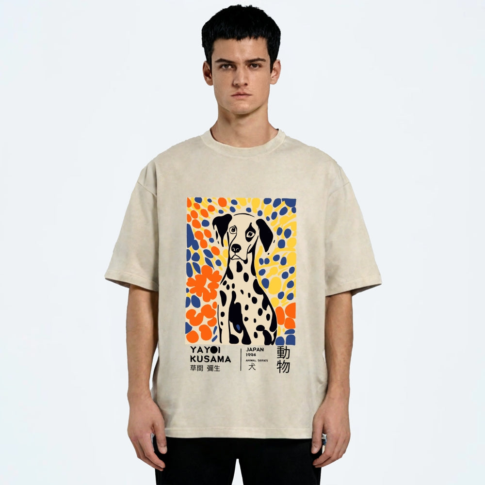 Unisex Yayoi Kusama Dog Printed Washed Tee