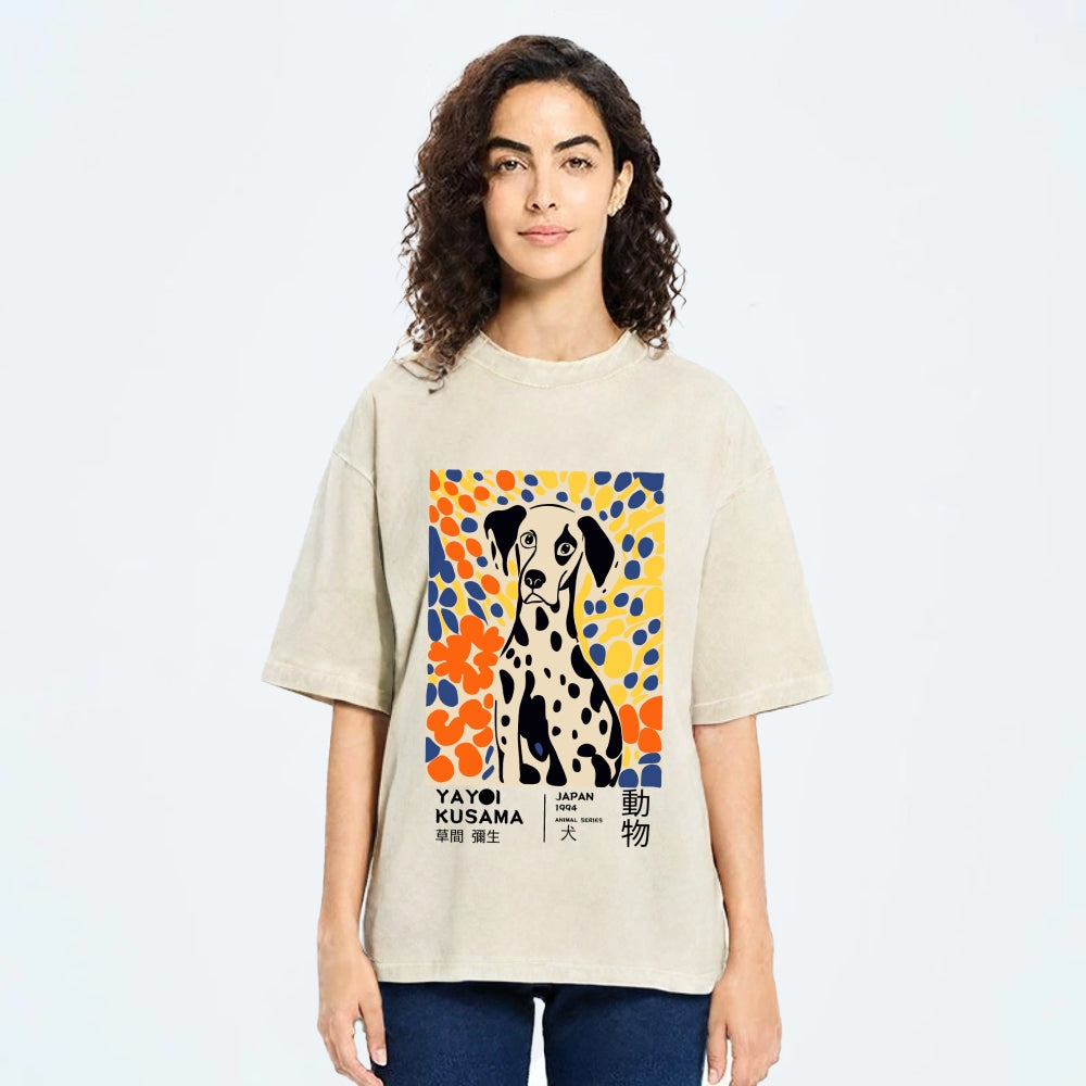 Unisex Yayoi Kusama Dog Printed Washed Tee