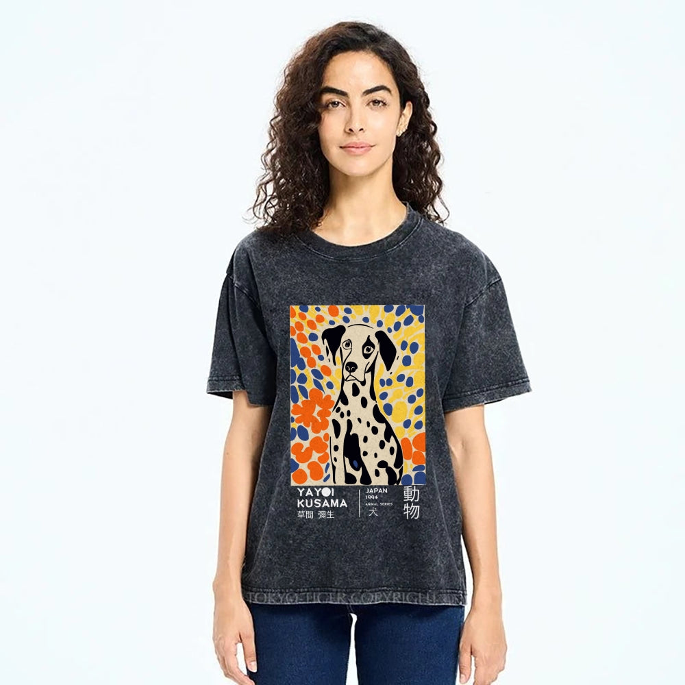 Unisex Yayoi Kusama Dog Printed Washed Tee