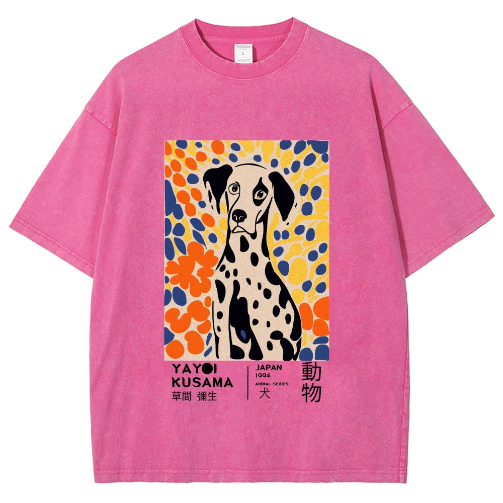 Unisex Yayoi Kusama Dog Printed Washed Tee