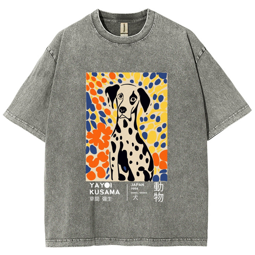 Unisex Yayoi Kusama Dog Printed Washed Tee