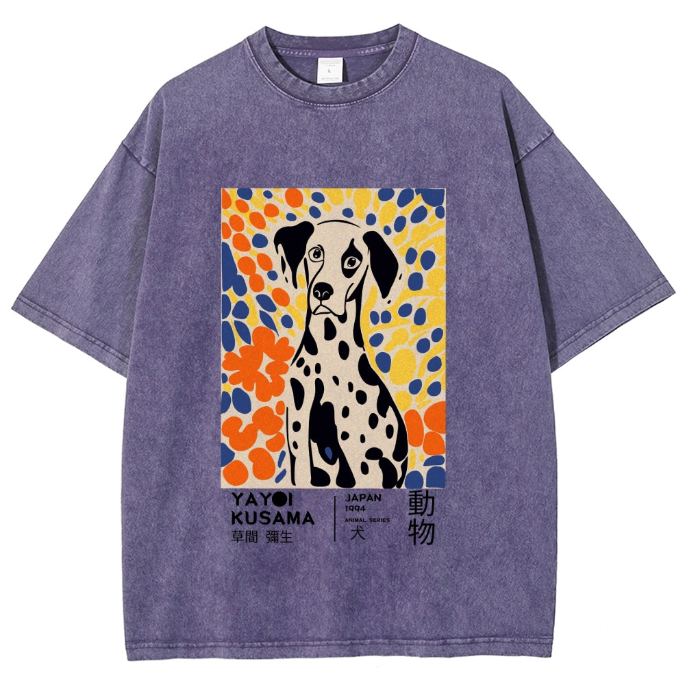 Unisex Yayoi Kusama Dog Printed Washed Tee