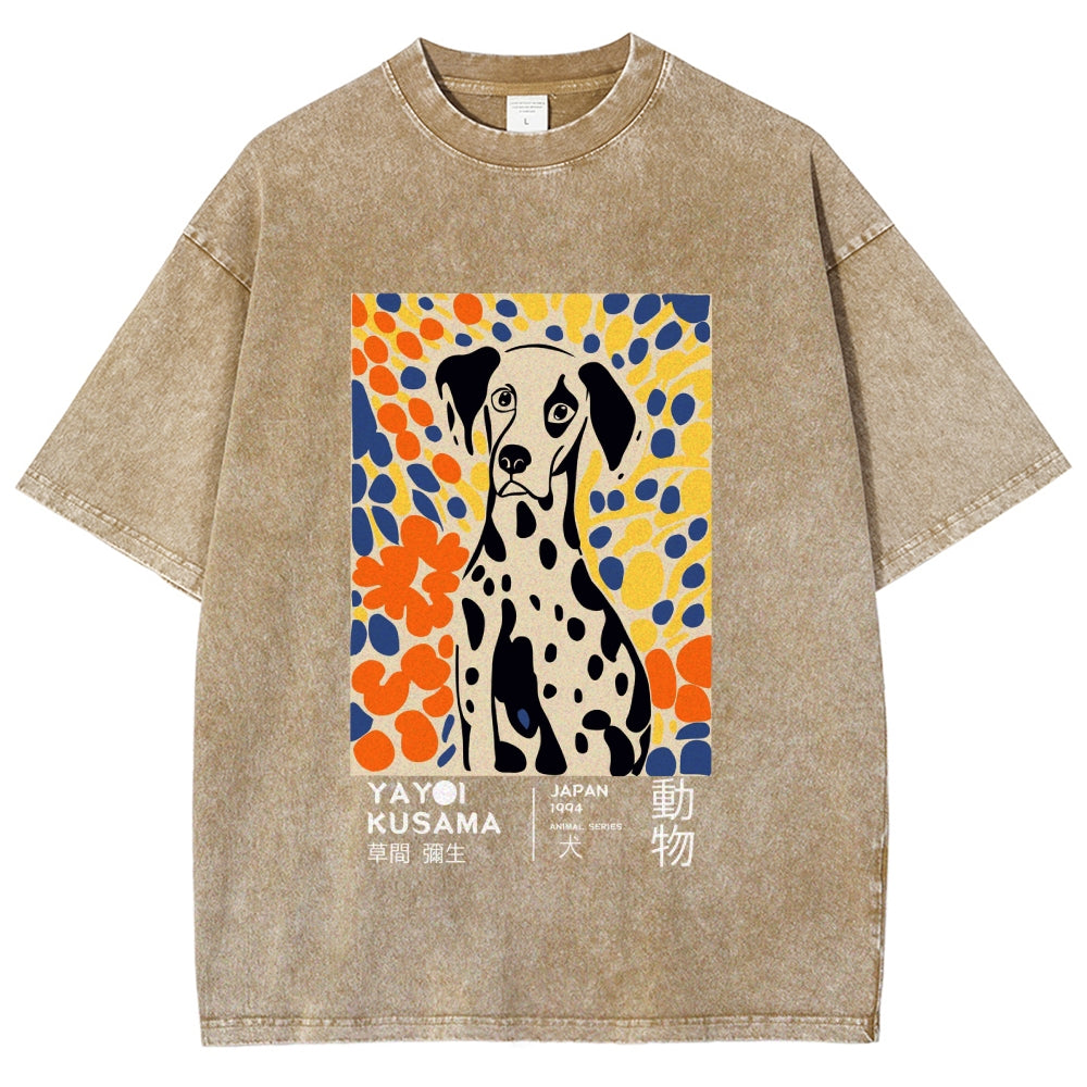 Unisex Yayoi Kusama Dog Printed Washed Tee