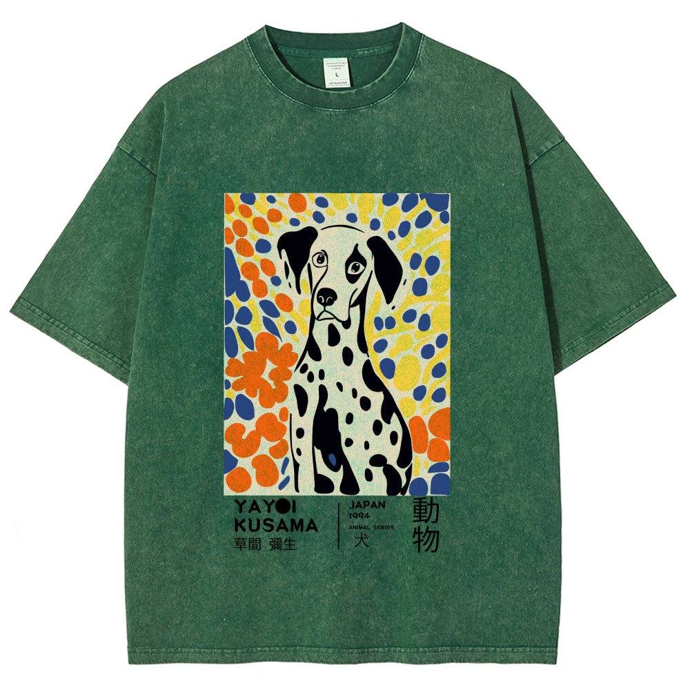 Unisex Yayoi Kusama Dog Printed Washed Tee