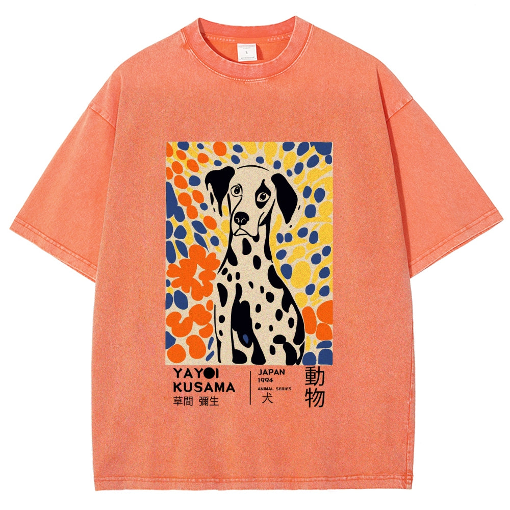 Unisex Yayoi Kusama Dog Printed Washed Tee
