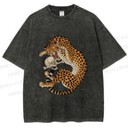 Unisex Ukiyo-e Style Panther With Skull Printed Washed Tee