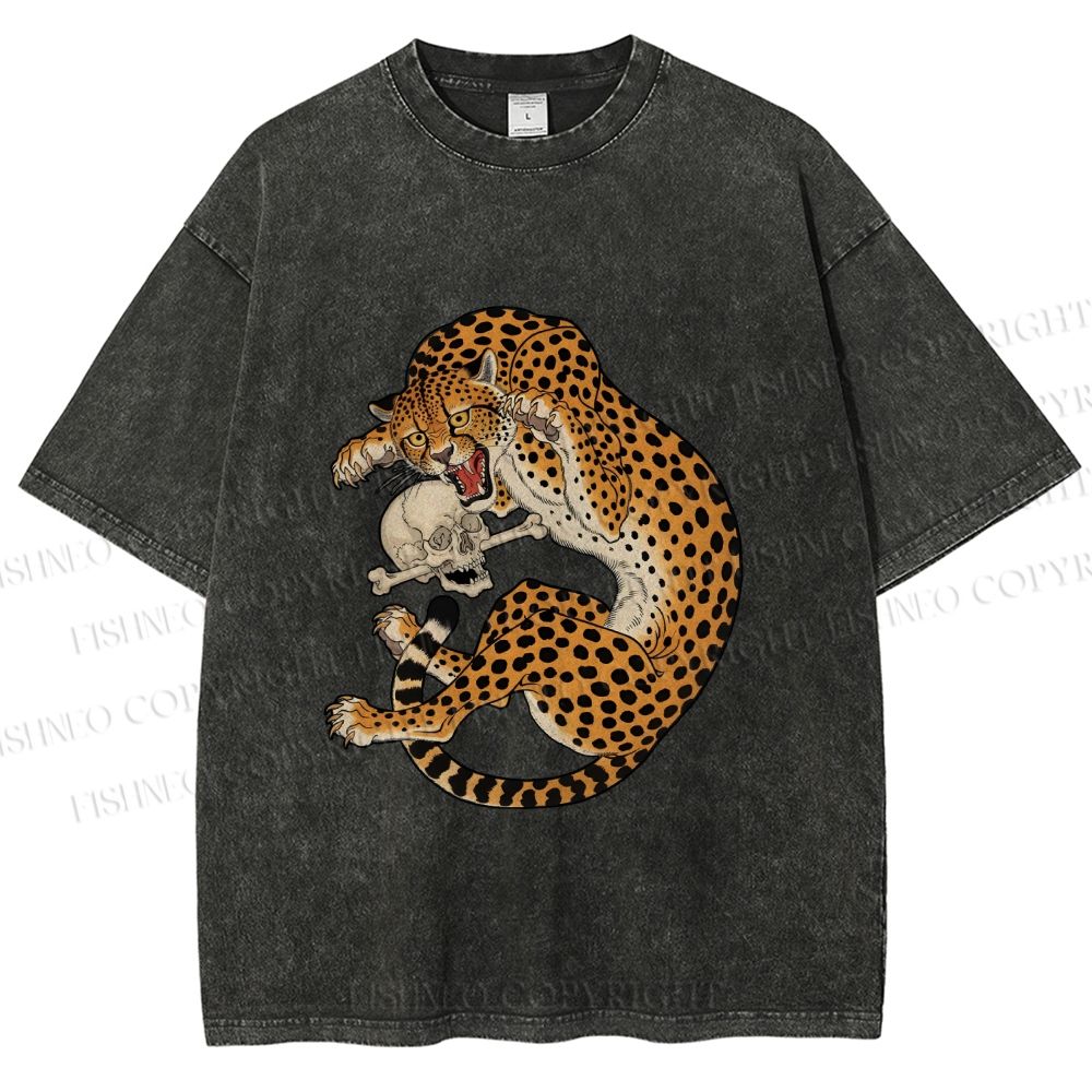 Unisex Ukiyo-e Style Panther With Skull Printed Washed Tee