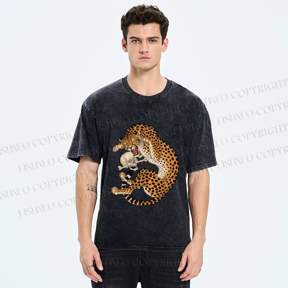 Unisex Ukiyo-e Style Panther With Skull Printed Washed Tee