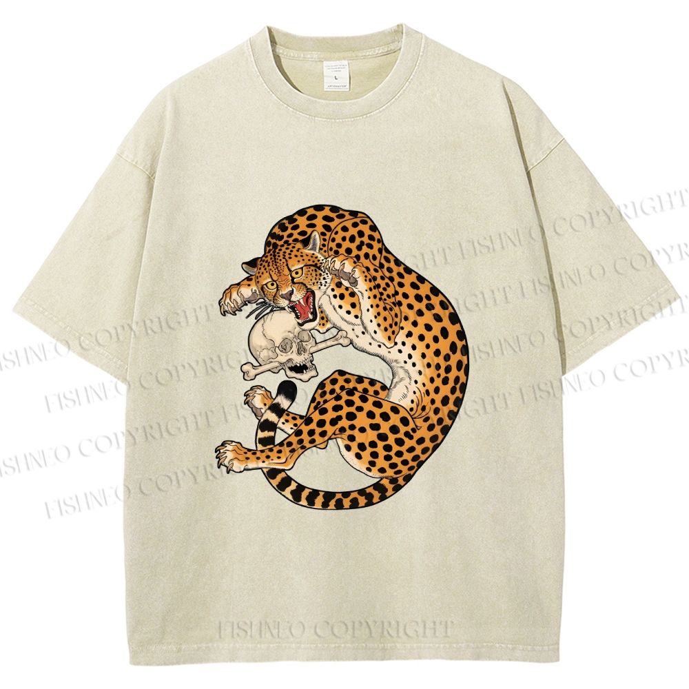 Unisex Ukiyo-e Style Panther With Skull Printed Washed Tee