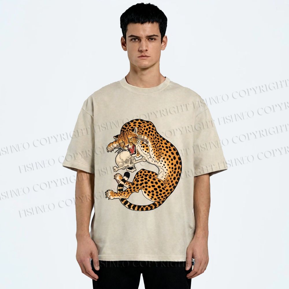 Unisex Ukiyo-e Style Panther With Skull Printed Washed Tee