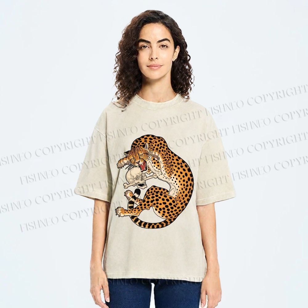 Unisex Ukiyo-e Style Panther With Skull Printed Washed Tee