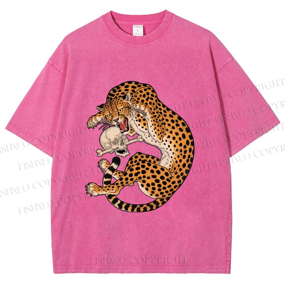 Unisex Ukiyo-e Style Panther With Skull Printed Washed Tee