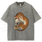Unisex Ukiyo-e Style Panther With Skull Printed Washed Tee