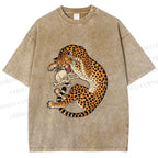 Unisex Ukiyo-e Style Panther With Skull Printed Washed Tee