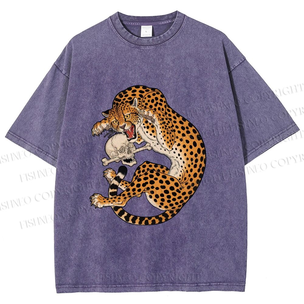 Unisex Ukiyo-e Style Panther With Skull Printed Washed Tee