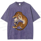 Unisex Ukiyo-e Style Panther With Skull Printed Washed Tee