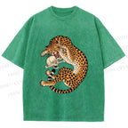 Unisex Ukiyo-e Style Panther With Skull Printed Washed Tee