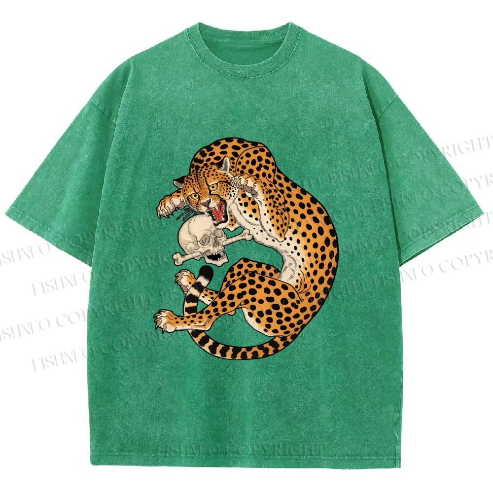 Unisex Ukiyo-e Style Panther With Skull Printed Washed Tee