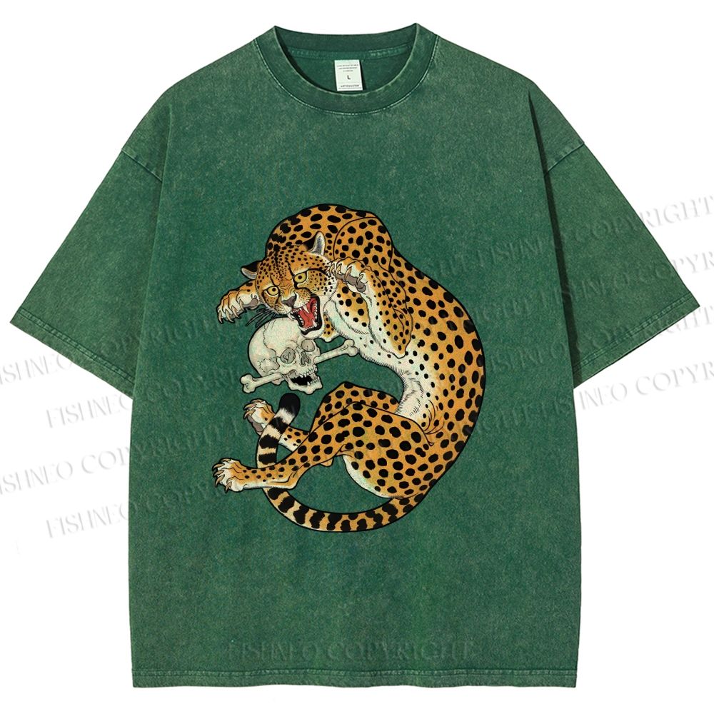 Unisex Ukiyo-e Style Panther With Skull Printed Washed Tee