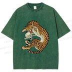Unisex Ukiyo-e Style Panther With Skull Printed Washed Tee