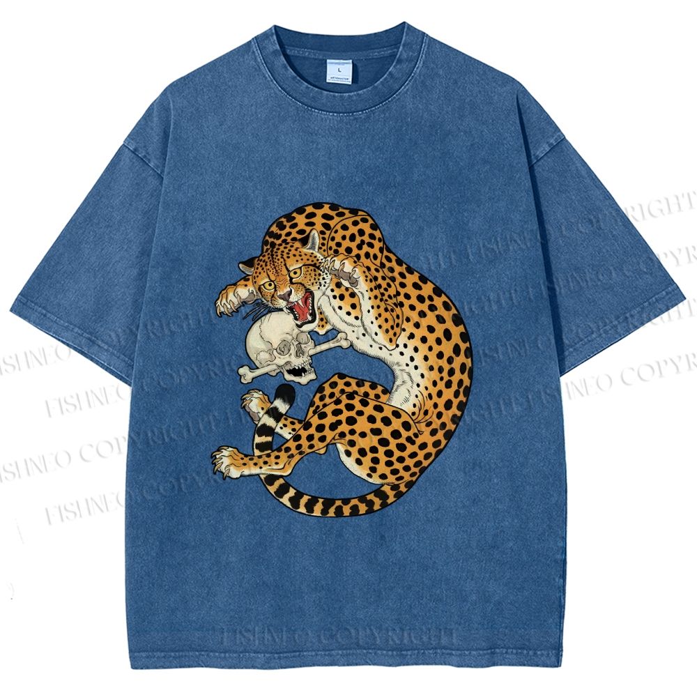 Unisex Ukiyo-e Style Panther With Skull Printed Washed Tee