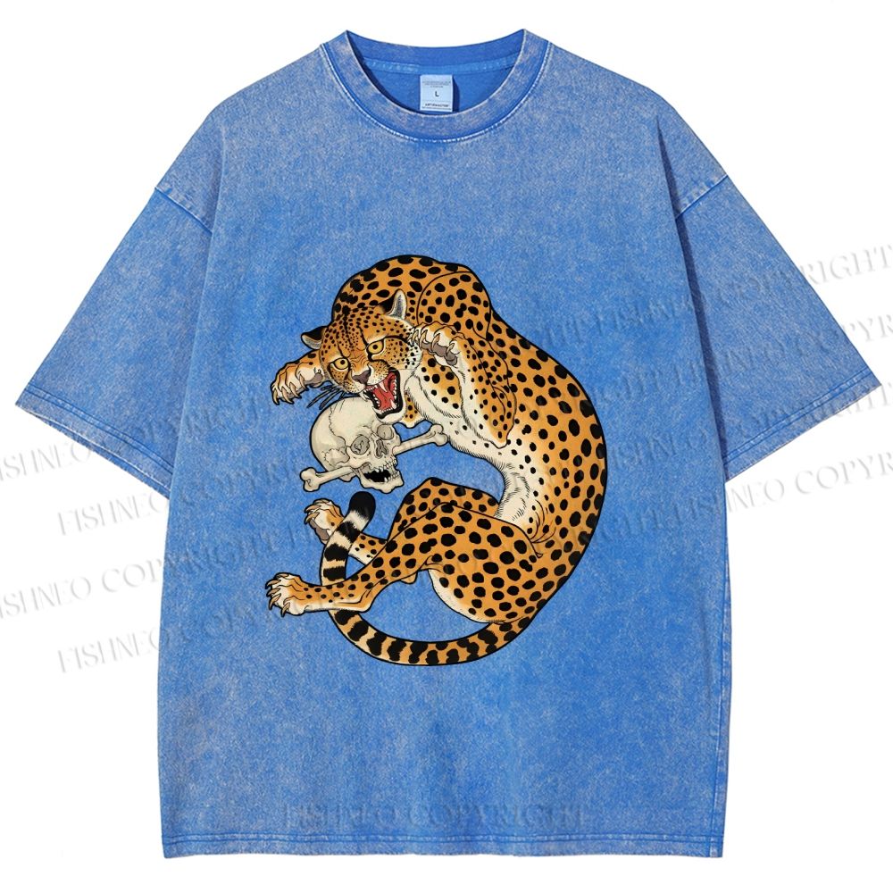 Unisex Ukiyo-e Style Panther With Skull Printed Washed Tee