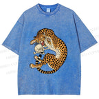 Unisex Ukiyo-e Style Panther With Skull Printed Washed Tee