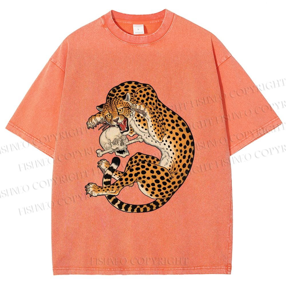 Unisex Ukiyo-e Style Panther With Skull Printed Washed Tee