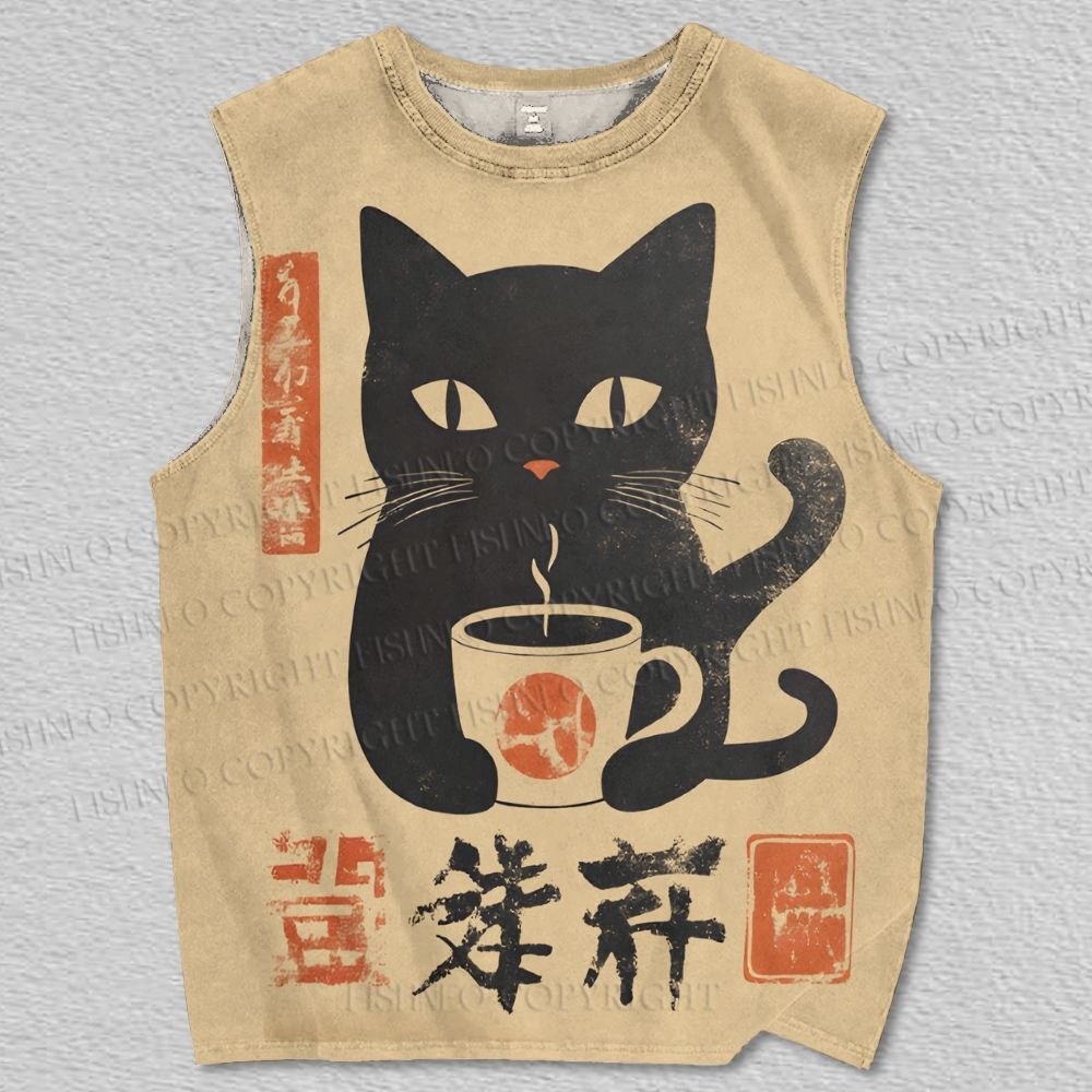 Unisex Japanese Cat Drinking Coffee Printed Tank Top