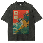 Unisex Retro Roaring Tiger Printed Washed Tee