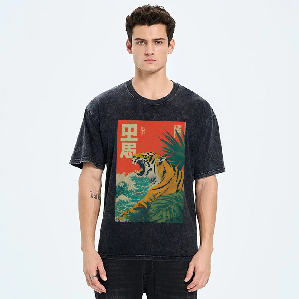 Unisex Retro Roaring Tiger Printed Washed Tee