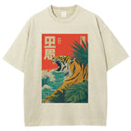 Unisex Retro Roaring Tiger Printed Washed Tee