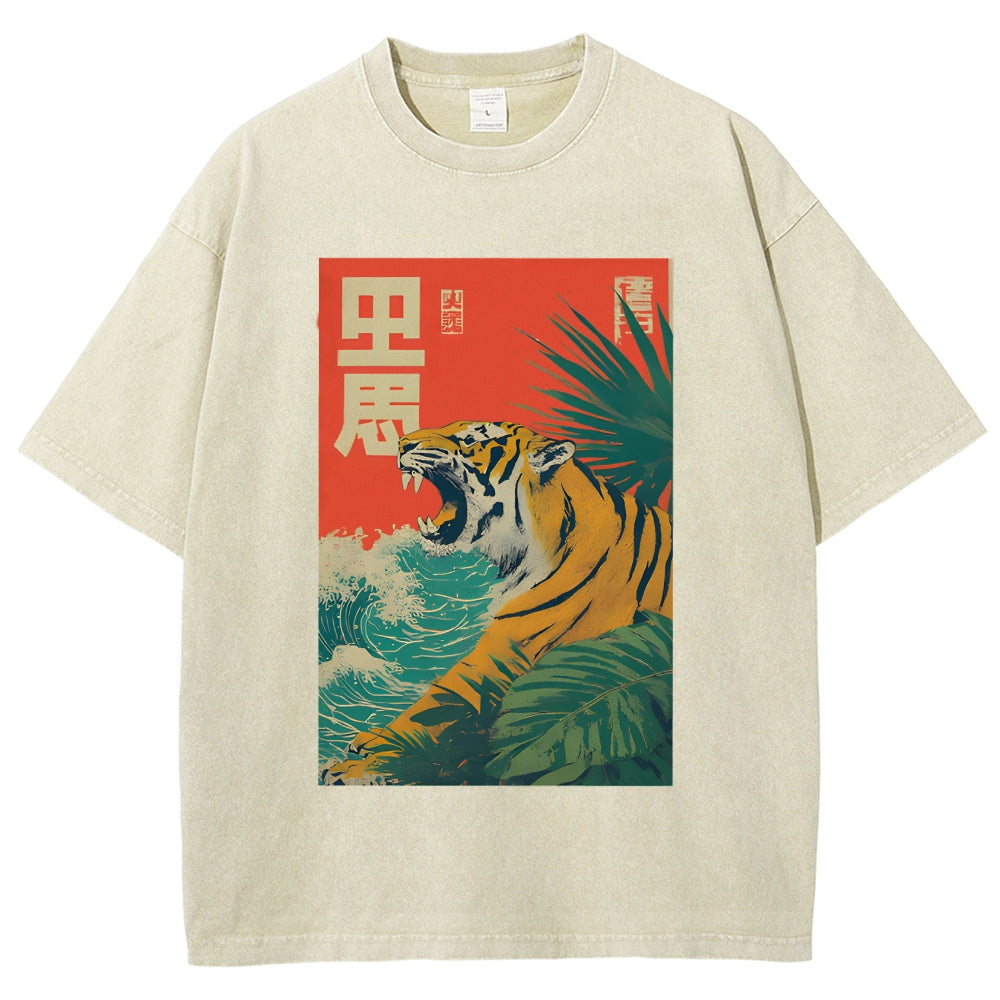 Unisex Retro Roaring Tiger Printed Washed Tee