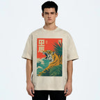 Unisex Retro Roaring Tiger Printed Washed Tee