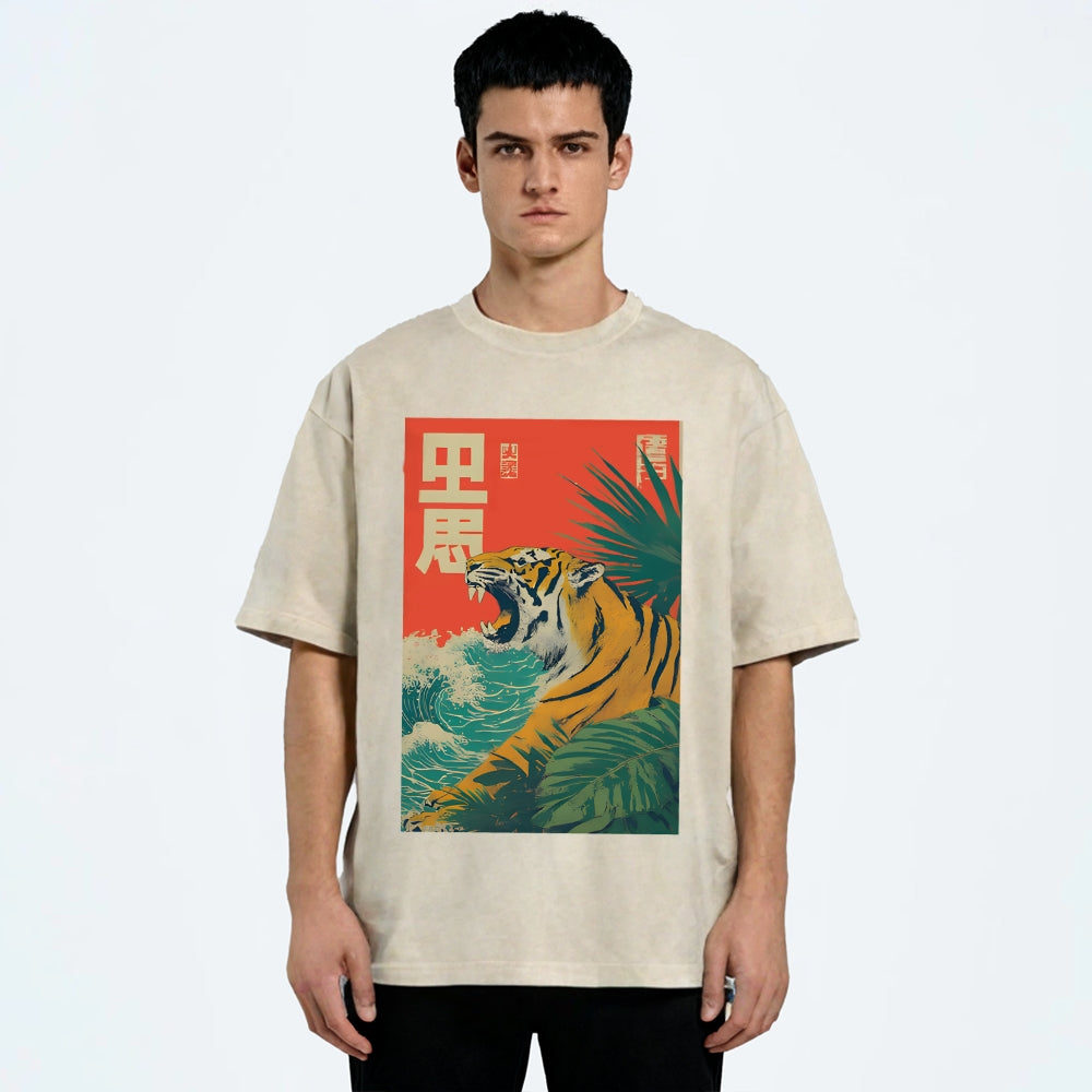 Unisex Retro Roaring Tiger Printed Washed Tee