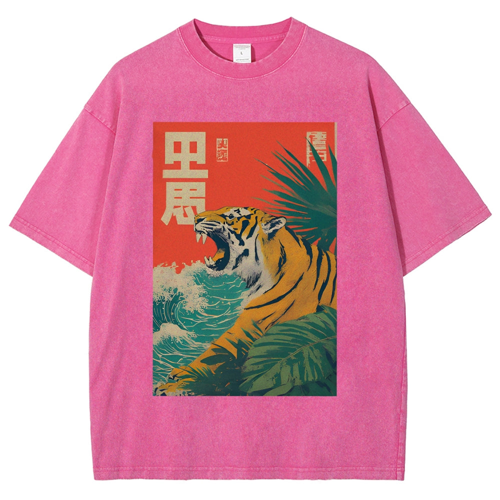 Unisex Retro Roaring Tiger Printed Washed Tee