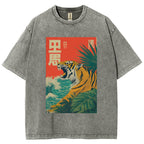 Unisex Retro Roaring Tiger Printed Washed Tee