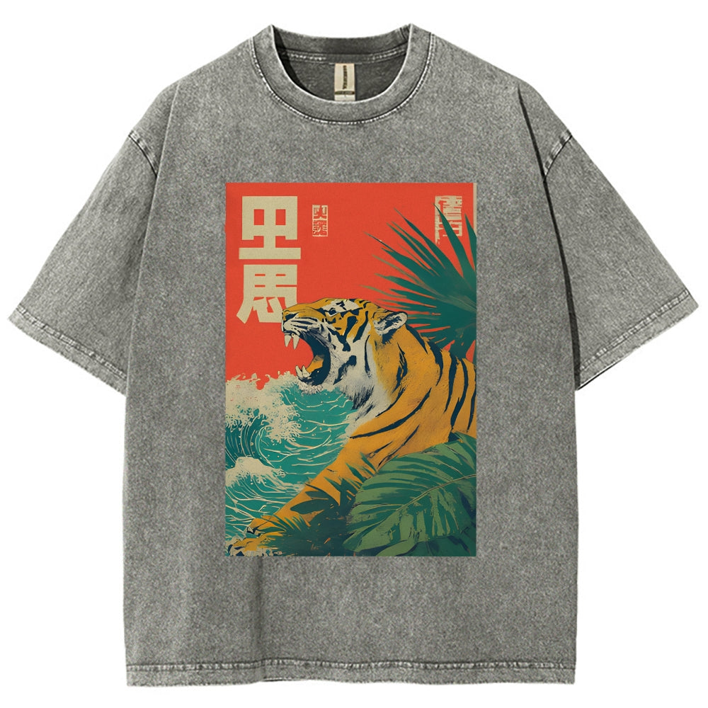 Unisex Retro Roaring Tiger Printed Washed Tee