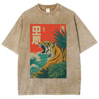 Unisex Retro Roaring Tiger Printed Washed Tee