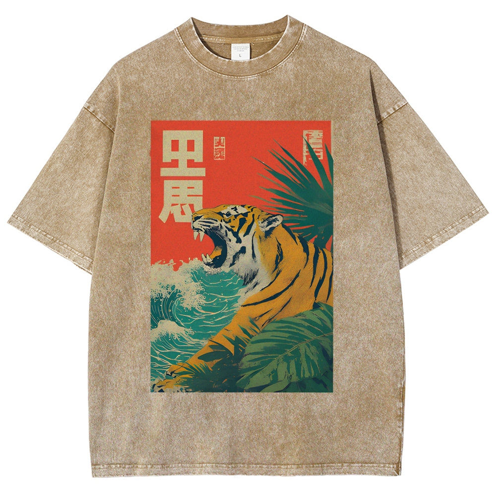 Unisex Retro Roaring Tiger Printed Washed Tee