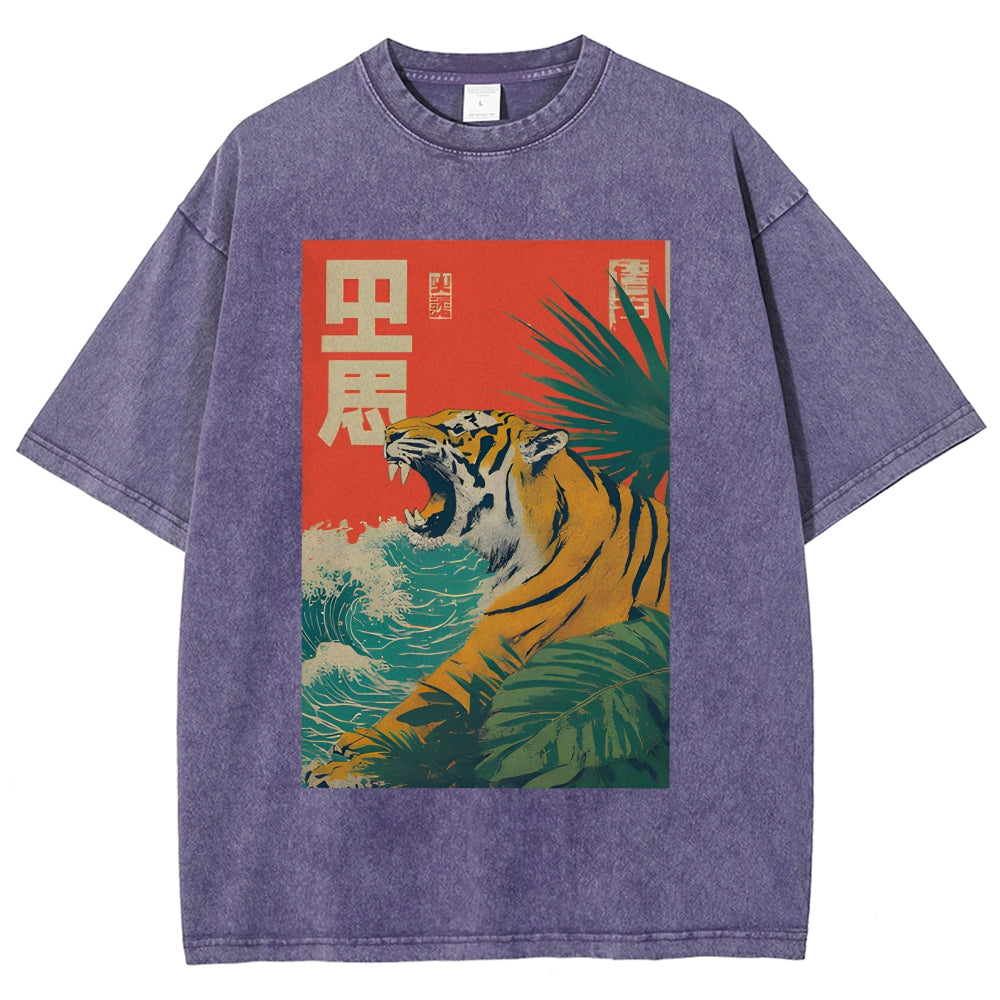 Unisex Retro Roaring Tiger Printed Washed Tee