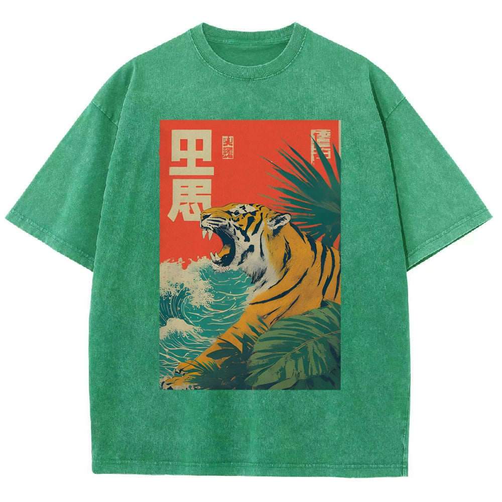Unisex Retro Roaring Tiger Printed Washed Tee