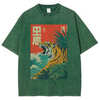 Unisex Retro Roaring Tiger Printed Washed Tee