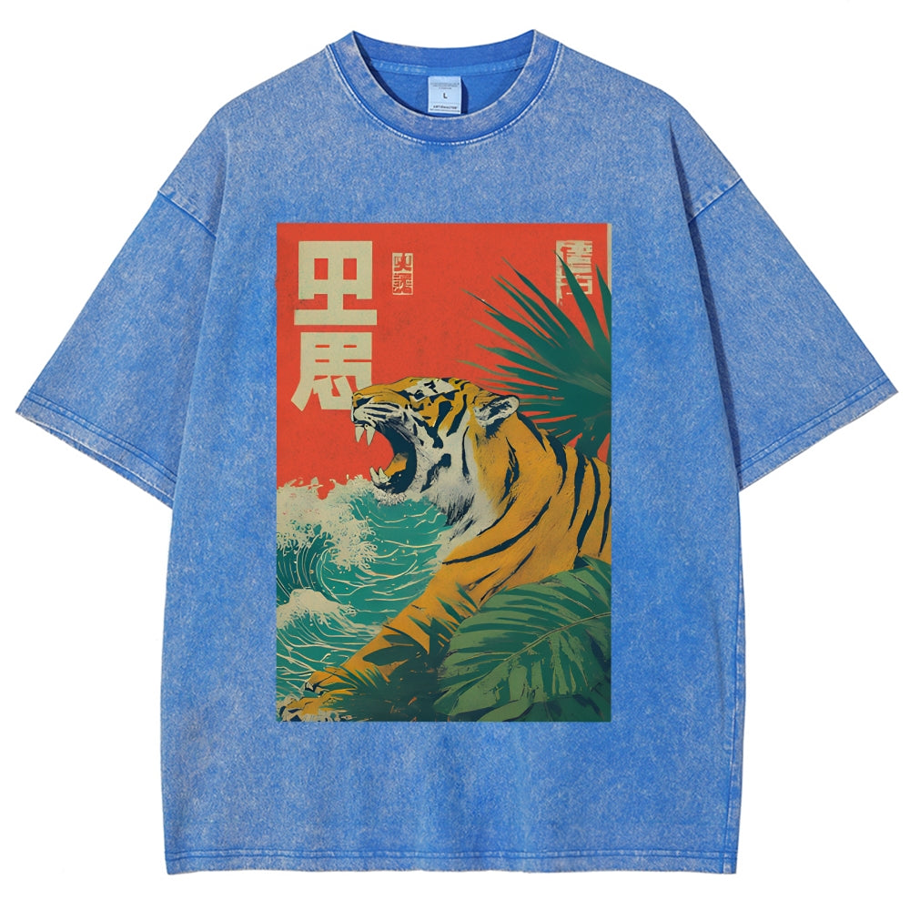 Unisex Retro Roaring Tiger Printed Washed Tee