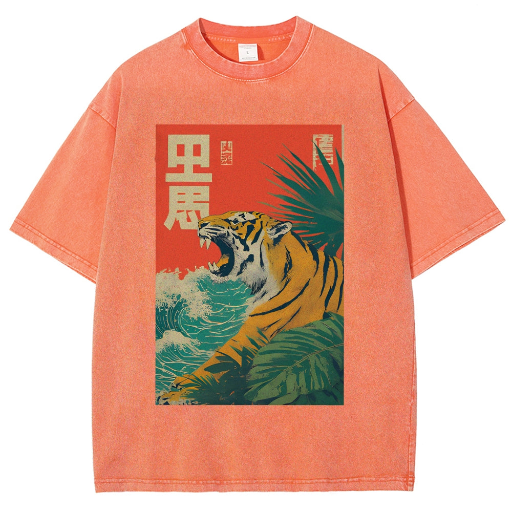Unisex Retro Roaring Tiger Printed Washed Tee
