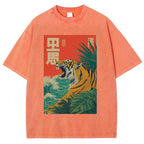 Unisex Retro Roaring Tiger Printed Washed Tee