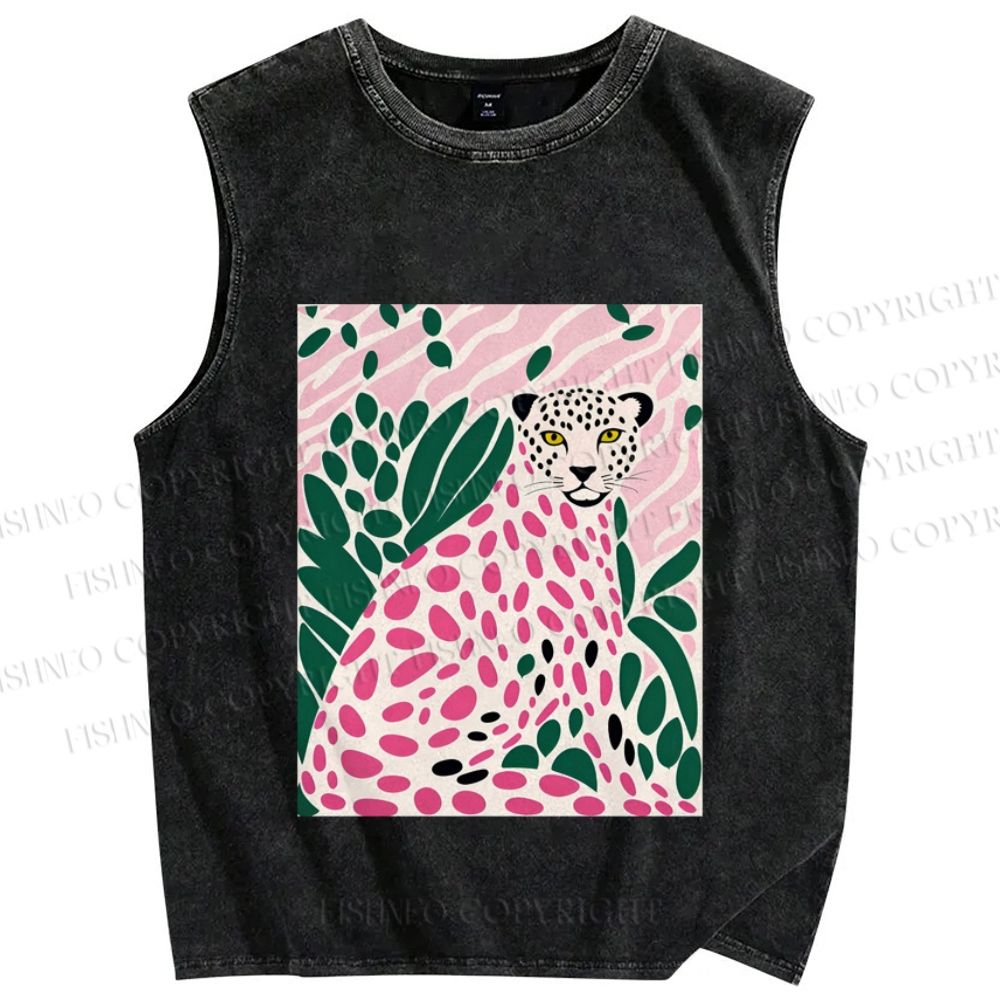 Unisex Pink Leopard Art Printed Washed Tank Top