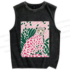 Unisex Pink Leopard Art Printed Washed Tank Top