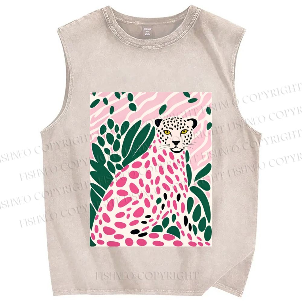 Unisex Pink Leopard Art Printed Washed Tank Top